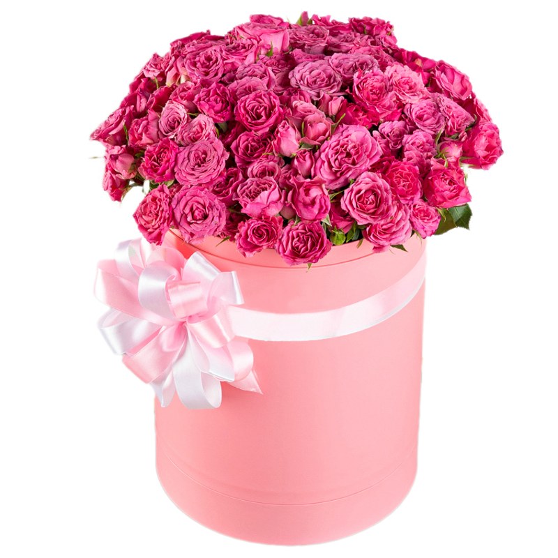 35 кустовых розовых роз в шляпной коробке